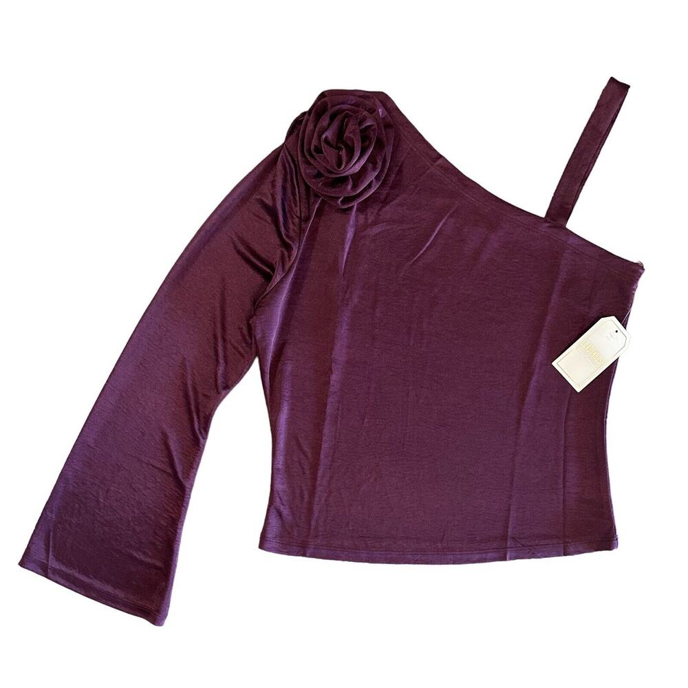 NWT London Rose Size XL Asymmetrical Long Flair Sleeve Rose Detail Purple Top